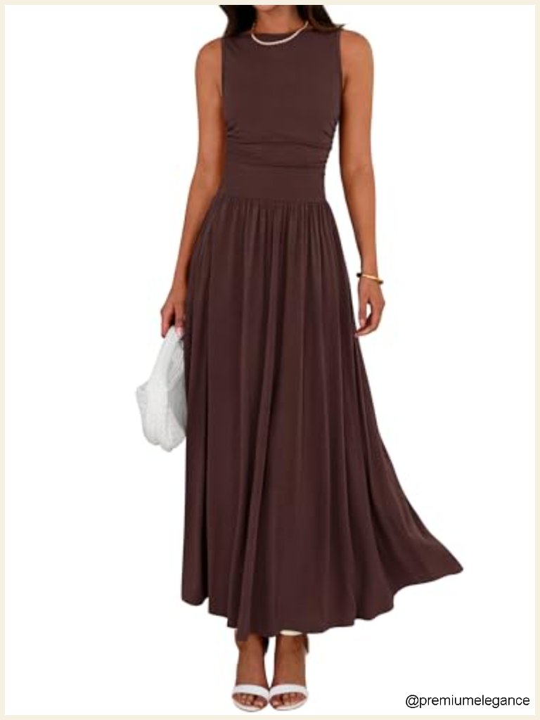 Sleeveless Crew Neck Ruched High Waist Maxi Dress With Pockets